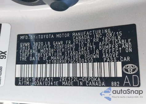 2016 Toyota Corolla L из США, поврежденный, VIN 2T1BURHE7GC500450